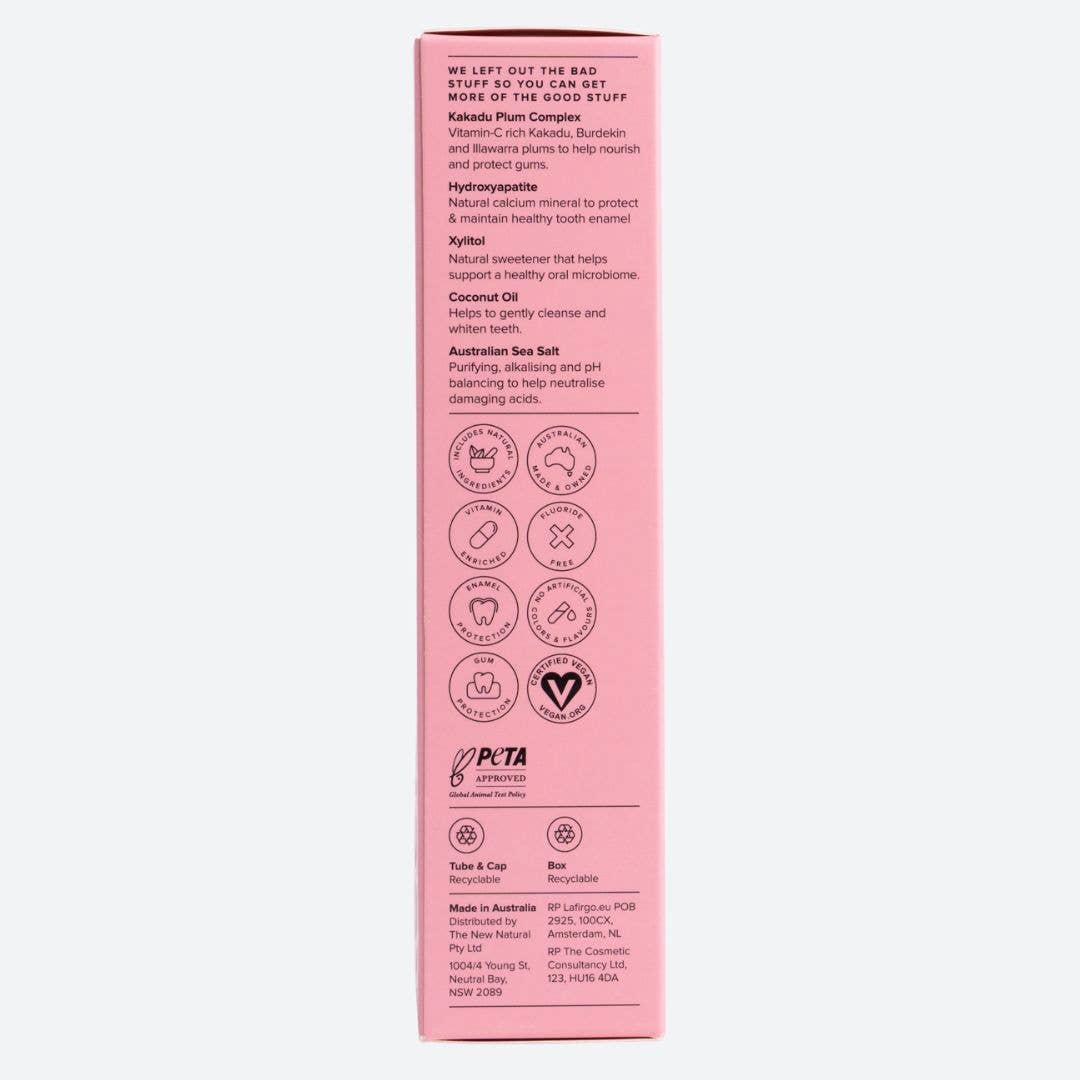 Dream Clean Toothpaste packaging highlights key features like hydroxyapatite, Kakadu Plum, enamel protection, and gum support.