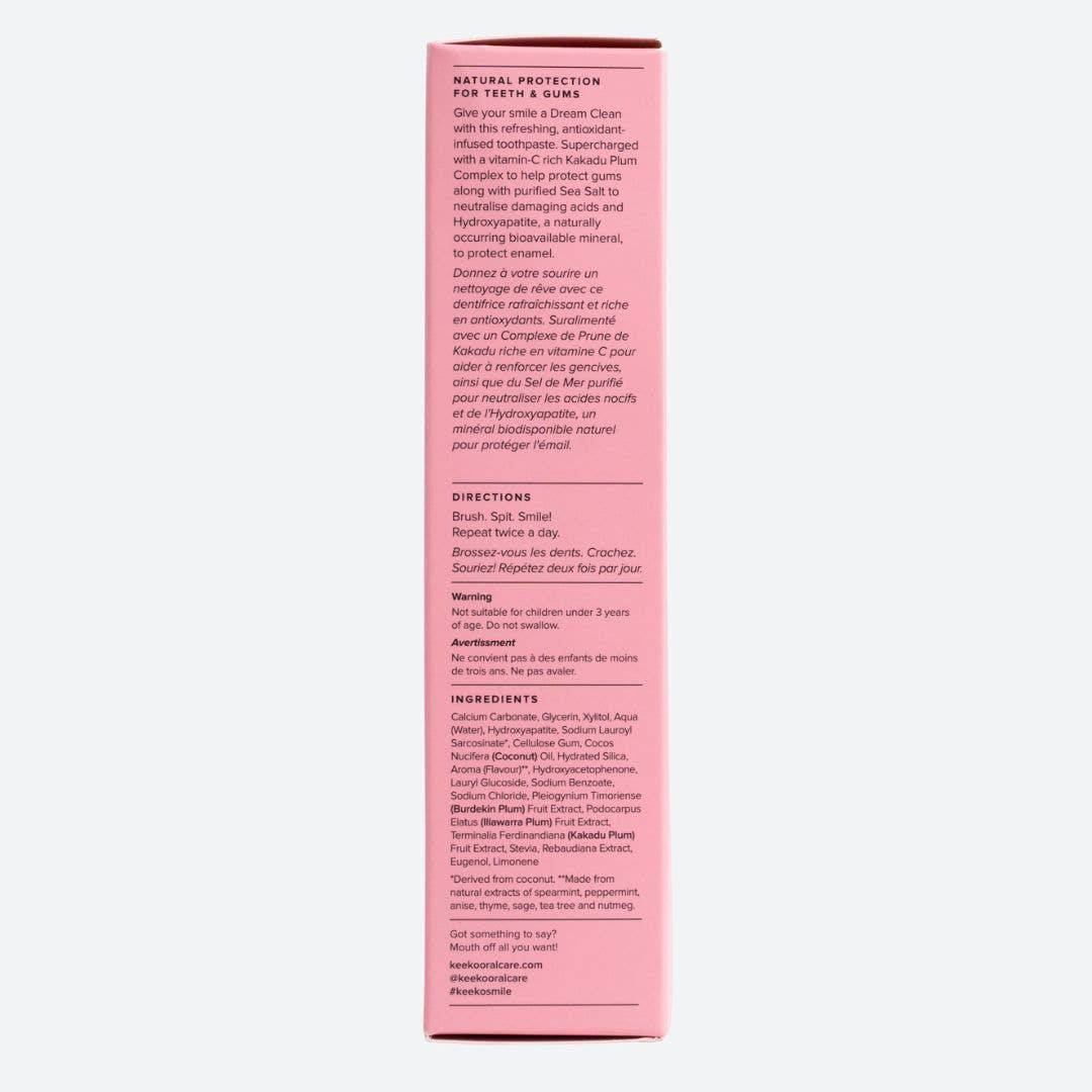 Side of Dream Clean Toothpaste box highlighting ingredients, directions, and oral health benefits.