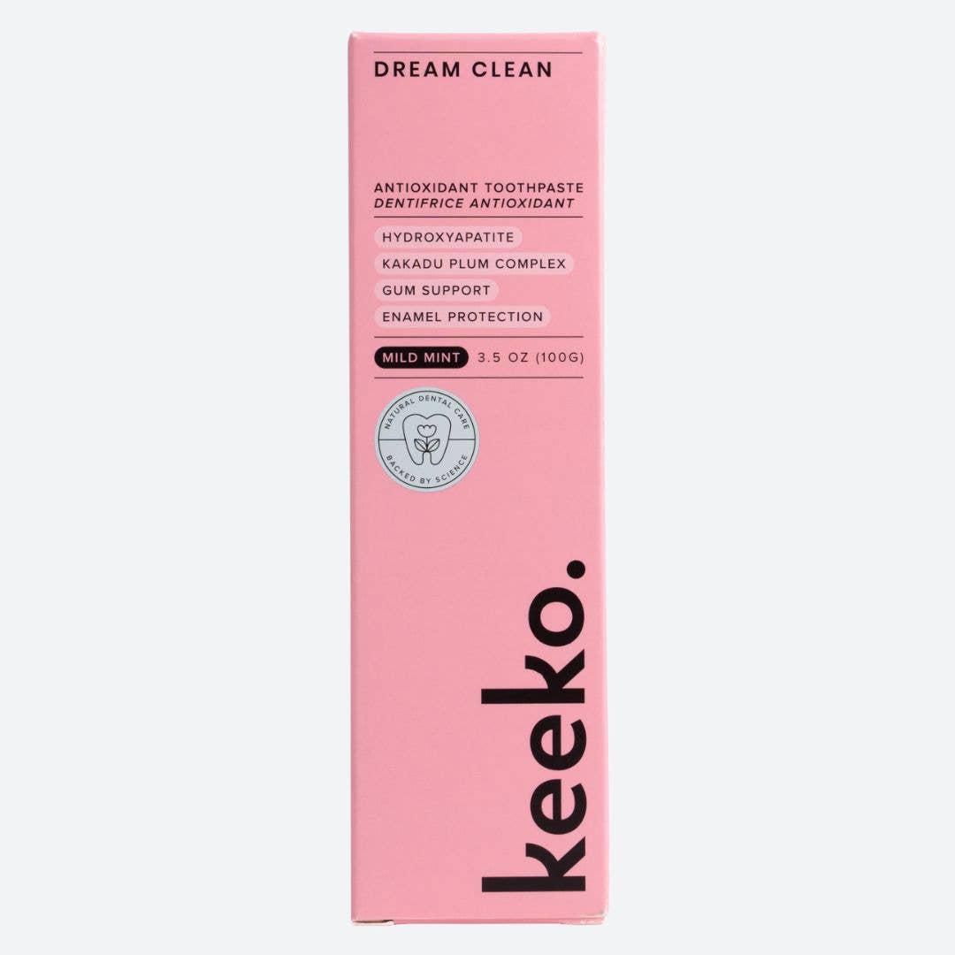 Front of Dream Clean Toothpaste box featuring antioxidant formula, hydroxyapatite, and Kakadu Plum.