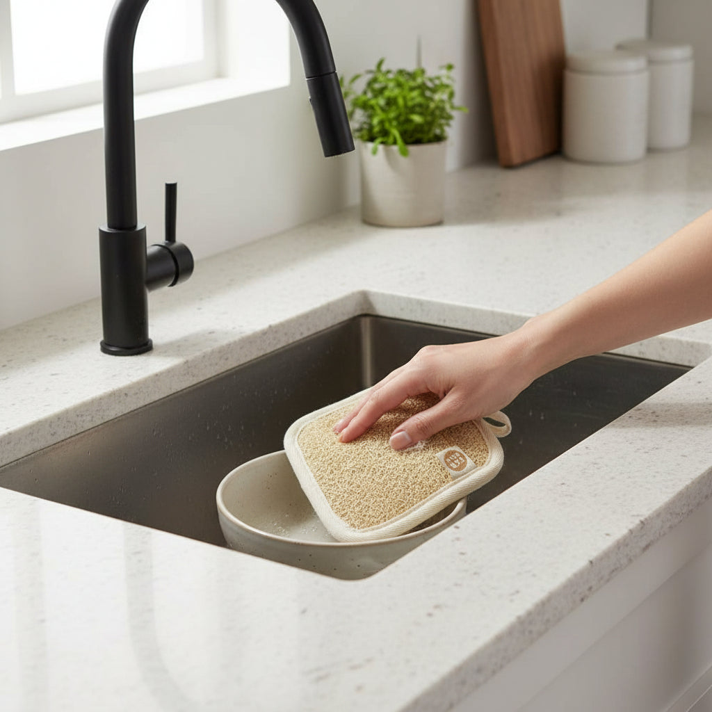 Non-toxic loofah scouring pad cleaning ceramic bowl in a modern kitchen