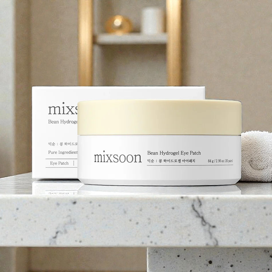 Mixsoon Bean Hydrogel Eye Patch jar with box placed on a clean bathroom counter