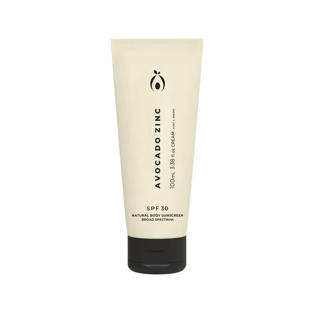 SPF 30 Natural Body Sunscreen tube on a white background, broad-spectrum mineral sunscreen safe for sensitive and autoimmune skin.