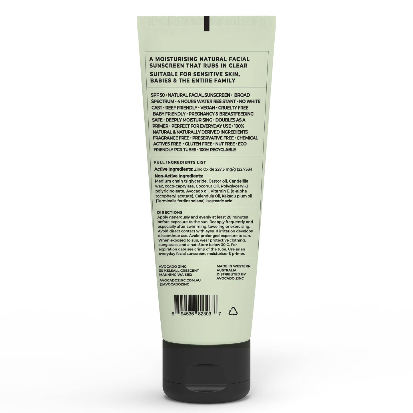 Back label of SPF 50 Natural Physical Sunscreen, showing ingredients which are safe for autoimmune and eczema-prone skin.