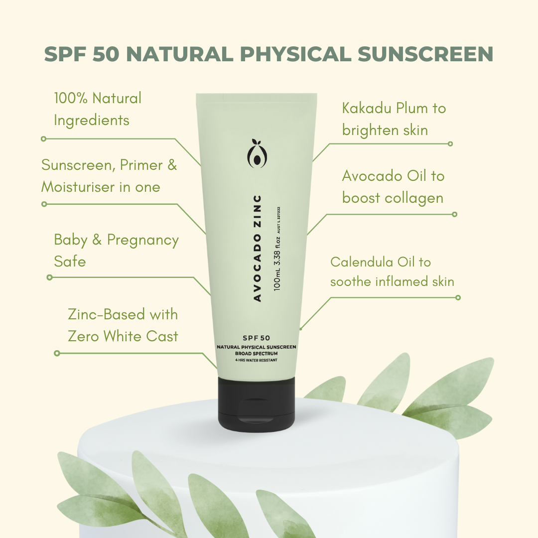 SPF 50 Natural Physical Sunscreen with key ingredients like avocado oil and zinc, designed for sensitive skin.
