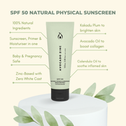 SPF 50 Natural Physical Sunscreen with key ingredients like avocado oil and zinc, designed for sensitive skin.